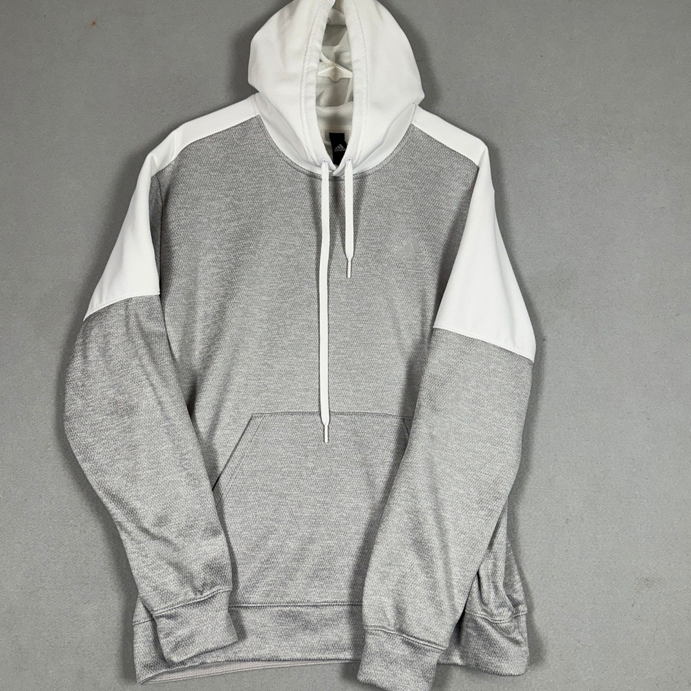 Adidas Hoodie Mens Large ClimaWarm Grey White Pullover Sweatshirt Colorblock EUC
